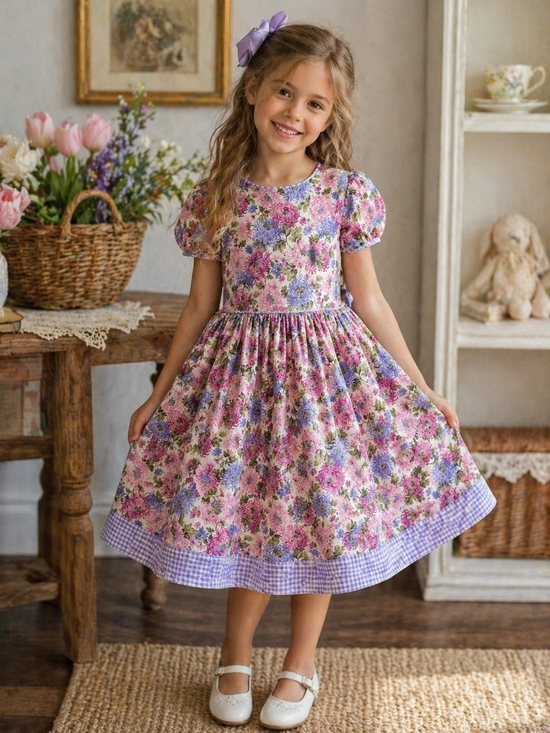 Mouseketeer Vintage Other - Vintage Girls Floral Dress Size 6 | Pink Purple Cottagecore Tie Back